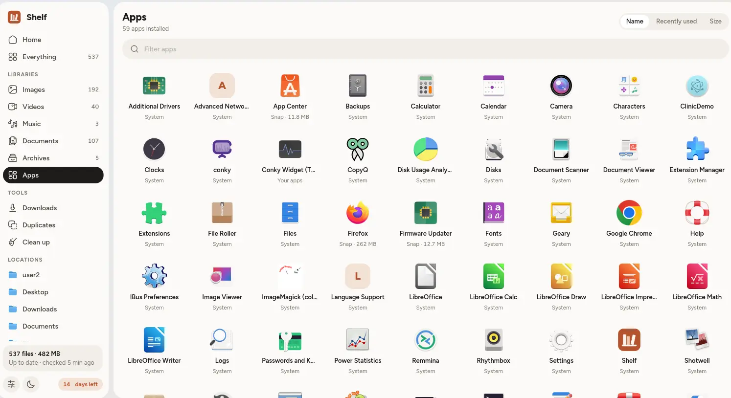 Shelf's Apps view with every installed app and its icon