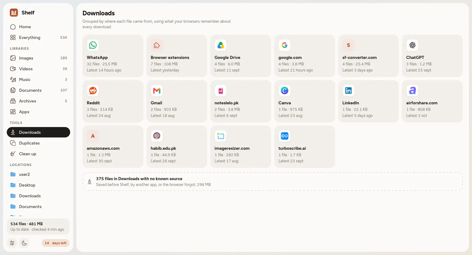 Shelf's Downloads view grouping files by WhatsApp, Gmail, Google Drive and other sources
