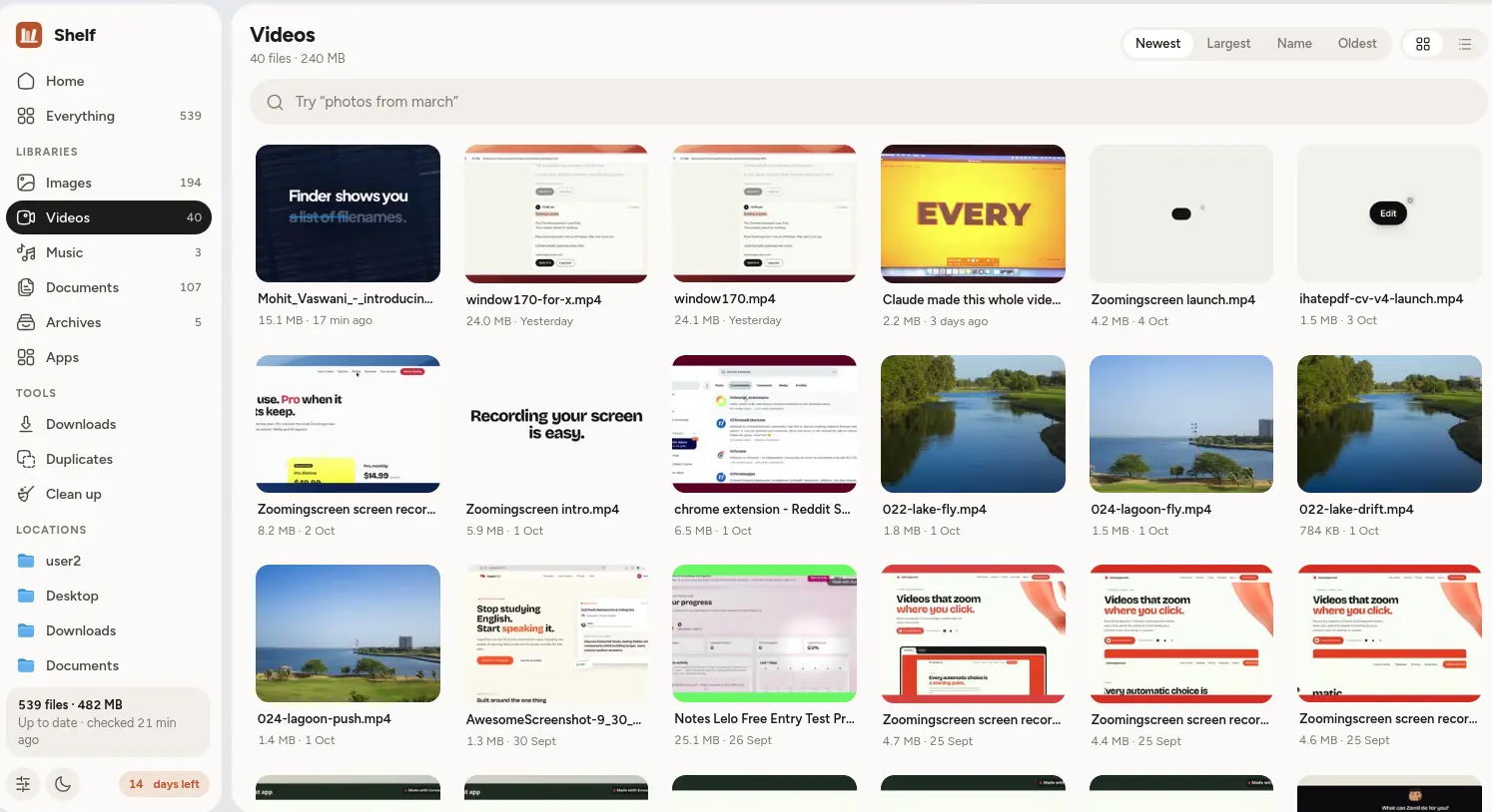 Shelf's Videos library with large thumbnails